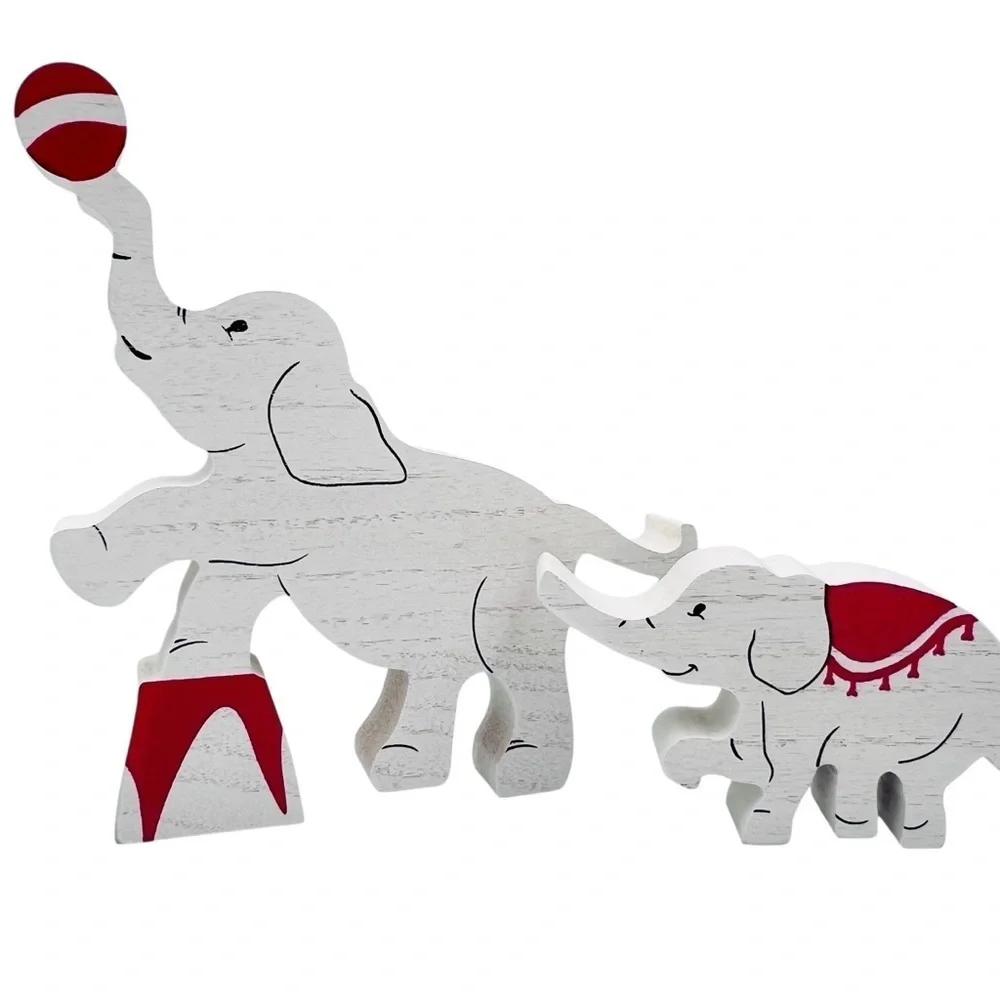 Whimsical Elephant Circus Family Red & White Wooden Sign Set of 3 Home Decor NEW